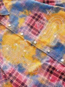 ROMWE MEN Street Life 男士格子短袖水钻设计单排扣休闲牛仔衬衫 - 彩色 - 查看 2