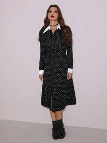 SHEIN Tall Halloween Cosplay Black And White Polka Dot Dress,Goth Chic Autumn Tea Party Formal Dresses For Women,Nightmare Before Christmas,Suitable For Tall - Black - View 3
