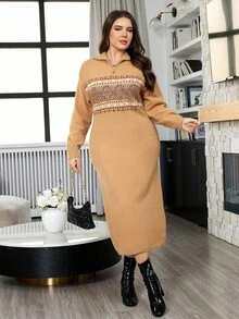 Modelyn 秋冬大码女式几何图案领毛衣裙 - 卡其色 - 查看 6