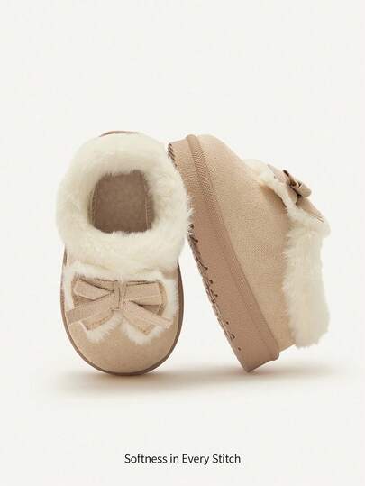 Cozy Pixies 1 Pair Toddler Girls' Bow Decor Camel Color Fashion Warm Lined Winter Slippers, Suitable For Casual, Daily Wear, Outdoor, Sports In Winter Season
