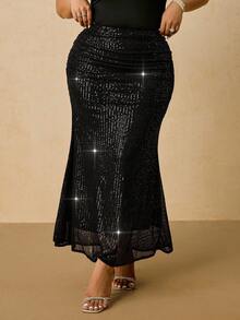 SHEIN VCAY 大码时尚亮片美人鱼裙，适合派对、万圣节、圣诞节、新年、感恩节等场合，性感夜店优雅奢华晚宴亮片黑色裙子 - 黑色 - 查看 3