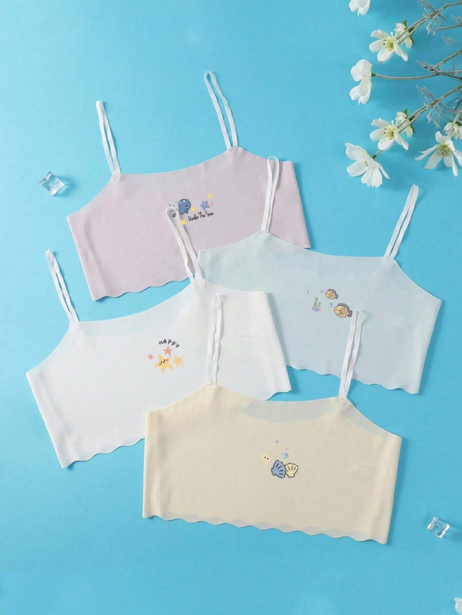 4pcs/Set Tween Girl Cute Pattern Minimalist White/Pink/Blue Comfy Modal Camisole Top Underwear Sets - Multicolor - View 1