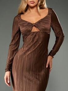 MISSGUIDED 优雅褶皱长裙，带褶皱紧身胸衣，长袖高腰晚礼服，及地长款，特殊场合秋冬派对礼服 - 棕色 - 查看 5