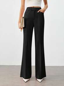 BizChic 2025秋冬新款黑色斜口袋钩花喇叭裤，优雅时尚，适合办公室、商务、休闲、正式场合、派对、婚礼、音乐会、早午餐、机场、国庆节、新年、圣诞节、万圣节