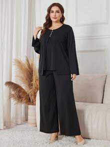 Lacomfia 2pcs/Set Plus Size Solid Color Round Neck Long Sleeve Top And Elastic Waist Wide Leg Pants, Casual Outfit For Spring/Autumn - Black - View 3