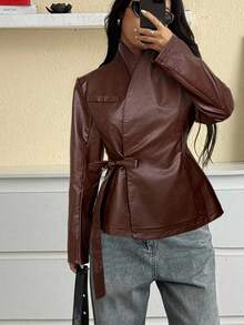 SHEIN EZwear 女士时尚街头风格咖啡棕色 PU 皮革裹领常规夹克外套，秋季 - 咖啡棕 - 查看 7