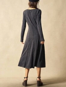 Bohemela Đầm dệt kim cổ vuông tay dài màu trơn đơn giản dành cho nữ - màu đen - Xem 7