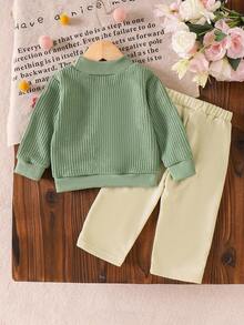 SHEIN Vintaside Kids 女婴蓝色针织3D花卉套头衫+直筒裤套装，秋冬