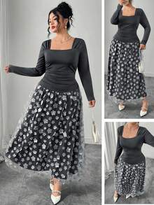 Modelyn Plus Size Women Elegant Knitted Pleated Mesh Patchwork Embroidered Dress - Grey - View 1