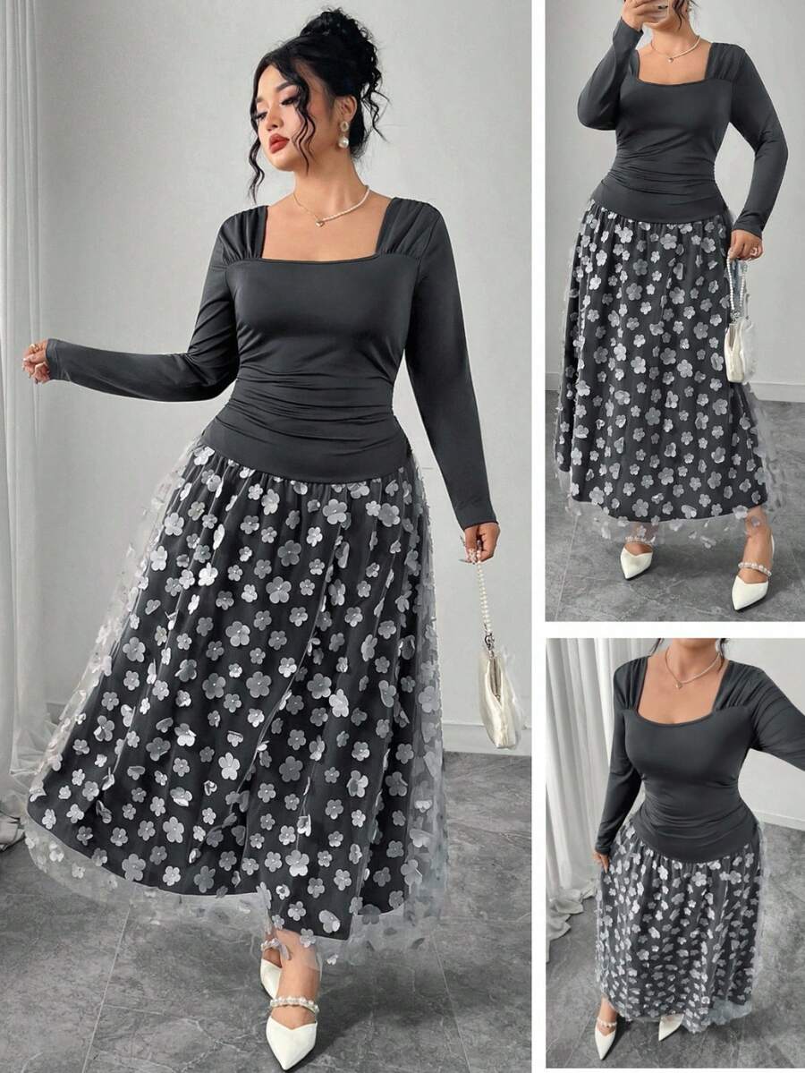 Modelyn Plus Size Women Elegant Knitted Pleated Mesh Patchwork Embroidered Dress - Grey - View 1