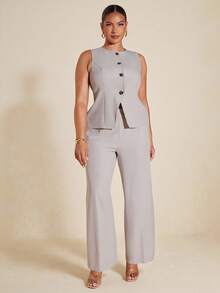 SHEIN BAE Plus Size Women's Business Solid Color Minimalist High-End Sleeveless Blazer And Pants Suit Set In Fall/Winter - Apricot - View 6