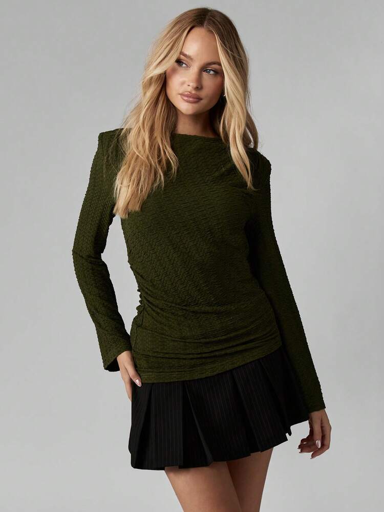 MISSGUIDED Textured Ruched Side Long Sleeve Top Elegant Ribbed Fabric Crew Neck Professional Office Wear Winter Fall Layering Basic Essential