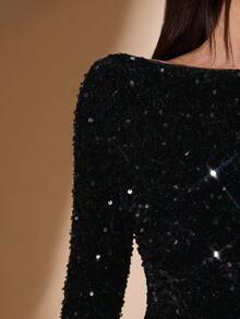 SHEIN BAE 女式黑色天鹅绒亮片方领迷你连衣裙，鸡尾酒会俱乐部服装，适合夜间外出、派对、正式场合、节日活动、万圣节、圣诞节 - 黑色 - 查看 6