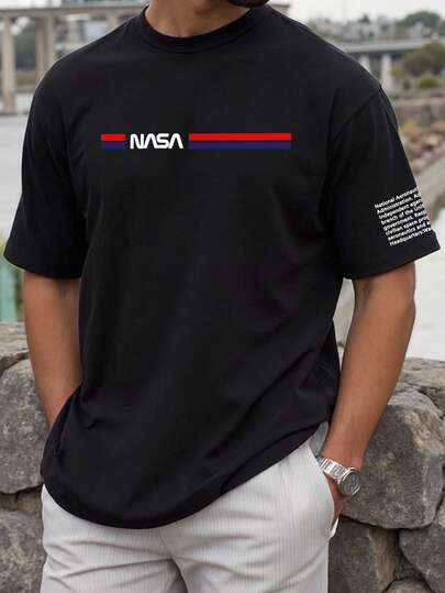 Manfinity Homme Plus Size Men's Casual Slogan Print T-Shirt, Summer Usa Men T Shirts Men Casual Black Shirt With American Flag Print Short Sleeves Men Black Graphic Tee