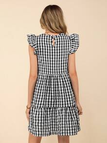 Coeurva Damernas sommarrutiga fritidsklänning med volanglocksärmar