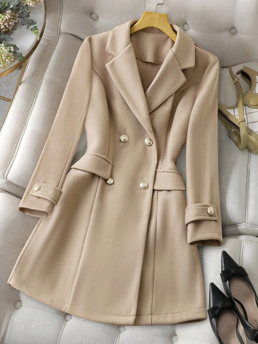 SHEIN PETITE Abrigo largo de mujer con cuello de botones, digno y elegante, para otoño e invierno - Albaricoque - Ver 1