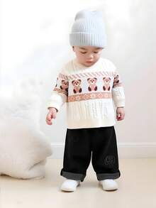 Áo len chui đầu họa tiết gấu jacquard màu mơ cho bé trai, áo len dày dài tay dễ thương cho trẻ em từ 0-3 tuổi, mùa thu/đông - Màu be - Xem 3