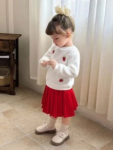 SHEIN Baby Girls' Fluffy Top + Pleated Skirt Set, Strawberry Pattern, Fresh And Sweet Style Fall Winter - Red - View 4