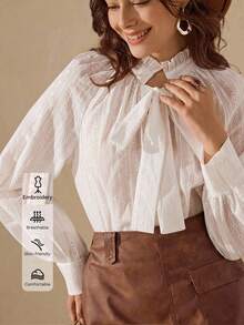 Wildy White Elegant Autumn Tea Party Embroidered Blouses For Women,Chic Loose Long Sleeve Puff Lantern Sleeve Tie Front Neck Tops,Fall Blouse - Apricot - View 1