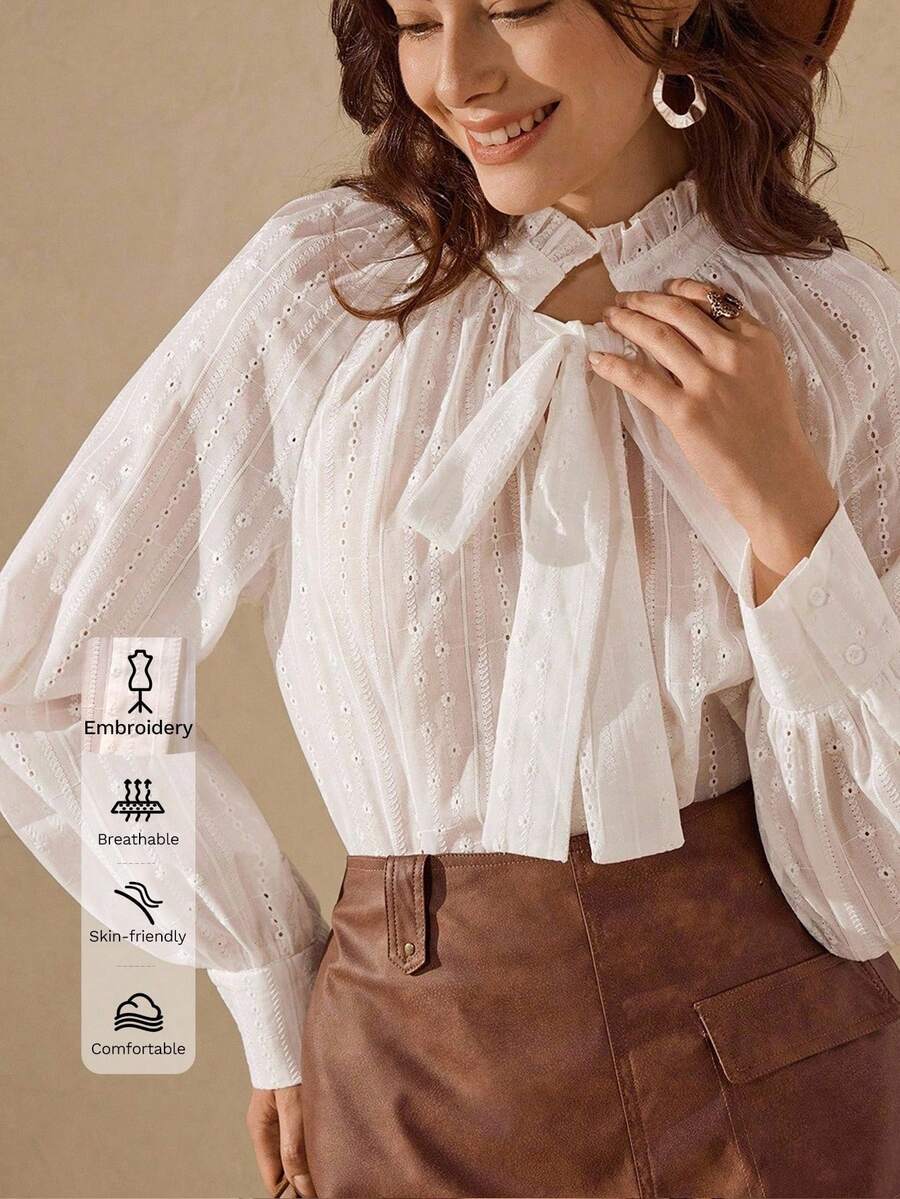 Wildy White Elegant Autumn Tea Party Embroidered Blouses For Women,Chic Loose Long Sleeve Puff Lantern Sleeve Tie Front Neck Tops,Fall Blouse - Apricot - View 1