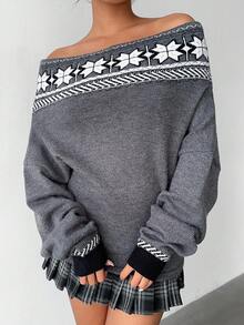 Aloruh Women's Elegant Grey Autumn Sweater,Fair Isle Pattern Christmas Off-Shoulder Puff Sleeve Pullover,Cozy Fall Winter Top Jumper For Brunch Apparel - Dark Grey - View 4