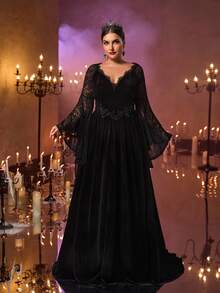 Glamrae Große Größen Herbst und Winter elegantes romantisches luxuriöses Off-Shoulder Spitzen-Splicing koreanisches Samt-Spitzen-Applikations-Design asymmetrisches Rüschen-Trompeten-Langarm-Slim-V-Taille-Abschnitt Oversized A-Linie Plus-Schwanz geeignet für Abendessen, Junggesellinnenabschied, Date, Tanz, Urlaub, Hochzeit, Abendveranstaltung (schweres Modell) Gothic-Stil