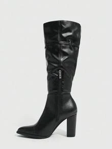 CUCCOO SZL Women's Black Over-The-Knee Boots, Chunky Heel, Strap & Lace-Up, Fashion Shoes, High Boots, Pointed Toe - Black - View 4