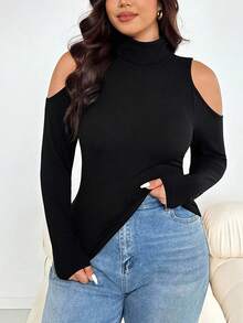 SHEIN Essnce 大码女士时尚休闲高弹舒适日常百搭修身黑色高领修身上衣，打底衫，工作服，春季款 - 黑色 - 查看 2