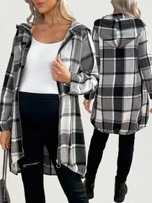 SHEIN Plaid Print Raglan Sleeve Front Zipper Hooded Maternity Jacket For Women - Multicolor - View 1