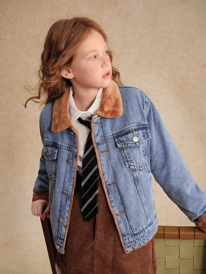 Tween 女童牛仔拼布休闲宽松夹克 + 中蓝色水洗舒适保暖内衬夹克，适合户外、派对、度假、秋冬新品