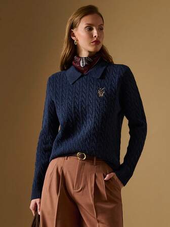 Briarwyn Enkel långärmad tröja med kabelbroderi för kvinnor, marinblå tröja, vinterkläder, nyårskläder för kvinnor, gamla pengar-kläder för kvinnor, halloweendräkt för kvinnor