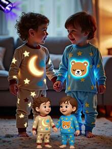 SHEIN 4pcs Baby Boy Cute Glow-In-The-Dark Star & Moon Pattern Long Sleeve Bodysuit And Long Pants Comfortable Pajamas Set - Multicolor - View 1