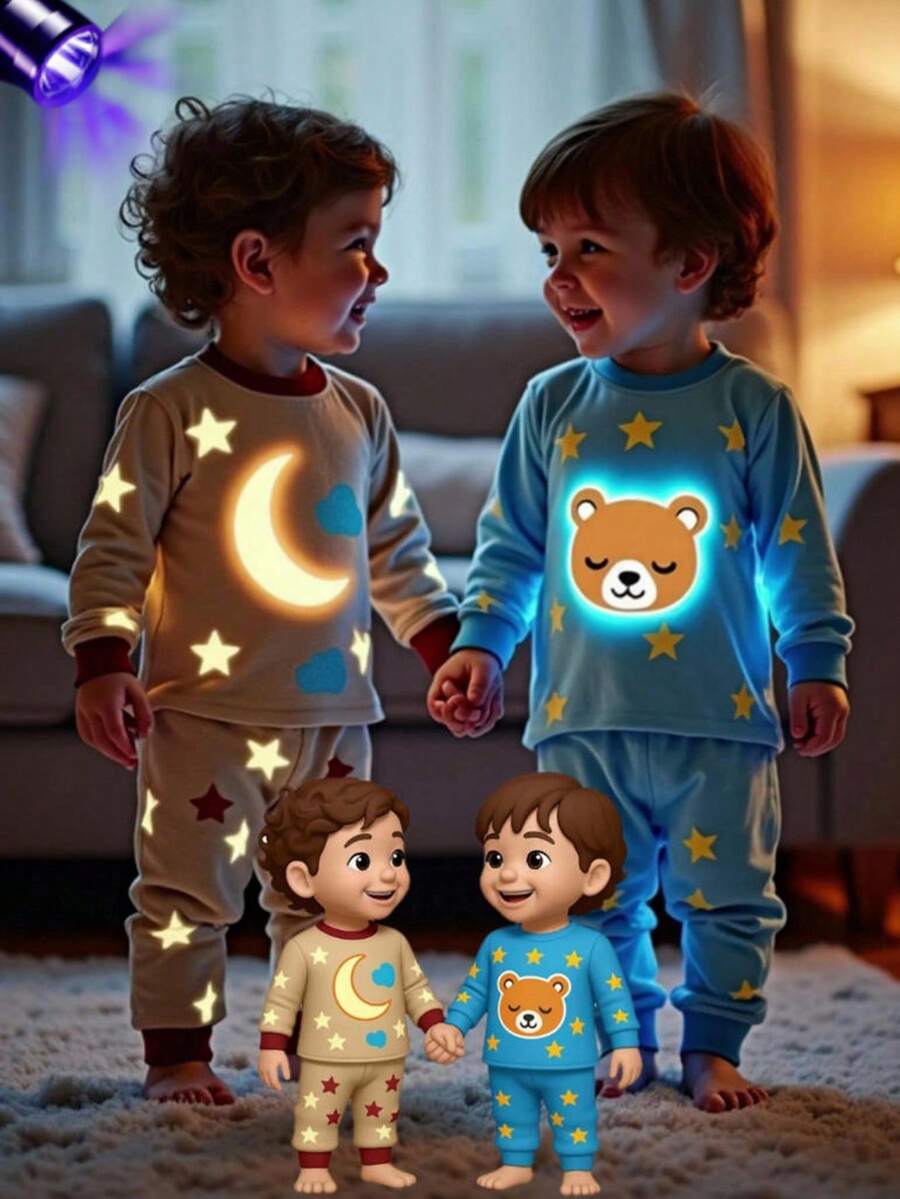 SHEIN 4pcs Baby Boy Cute Glow-In-The-Dark Star & Moon Pattern Long Sleeve Bodysuit And Long Pants Comfortable Pajamas Set - Multicolor - View 1