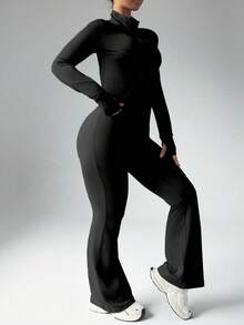 Easithlete 1 pieza Conjunto de 2 piezas para mujer de talla grande con chaqueta con cremallera y costuras de princesa con orificio para el pulgar, y pantalones acampanados de cintura alta, casual para todas las estaciones, conjunto de ropa deportiva - Negro - Ver 5