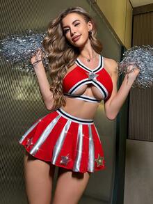 2 chiếc trang phục cổ vũ Halloween cho nữ bóng đá, váy xếp ly chắp vá bằng vải sequin và áo ngực khoét lỗ, trang phục dự tiệc âm nhạc cho nữ, trang phục Giáng sinh - Đỏ - Xem 1