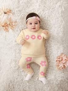 SHEIN Newborn Baby Girls Winter Knitted Floral Embroidered Long Sleeve Sweatshirt & Floral Knitted Pants Set, Suitable For Outings And Casual Wear - Apricot - View 12