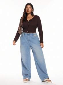 Solavibe 大码女式纯色单排扣长袖荷叶边下摆休闲 T 恤