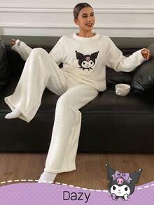 DAZY HELLO KITTY AND FRIENDS | SHEIN Women's Cute Cartoon Pattern Letter Embroidered Teddy Fleece Warm Pajama Set, Winter, Fall Clothes - White - View 7