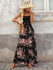 Brillora Floral Print Belted Wide Leg Jumpsuit - Black - View 6