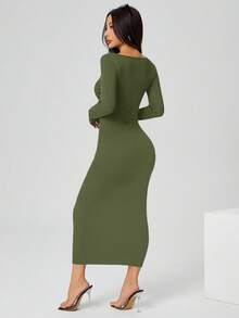 SHEIN PETITE 秋装纯色方领紧身黑色长袖连衣裙 - 軍綠色 - 查看 2
