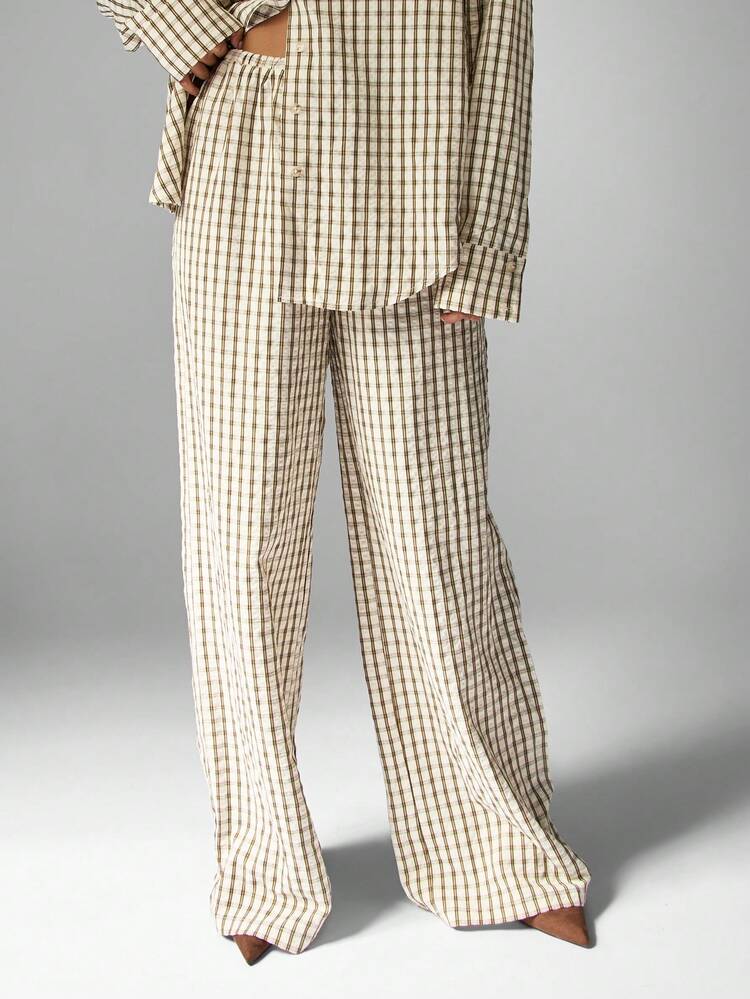 MISSGUIDED Beige Brown Checkered Linen Feel Co-Ord Set Wide Leg Palazzo Pants Oversized Button Down Shirt Casual Fall Winter Two Piece Outfit