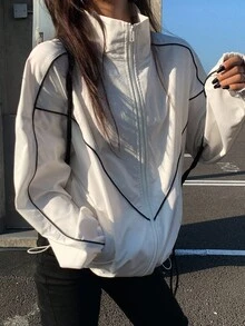 DAZY Sporty Autumn High Collar Black & White Contrast Zip-Up Jacket