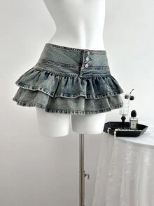 SHEIN ICON Plus Size Women Y2K Fashion Casual Ruffle Denim Mini Skirt - Dusty Blue - View 1