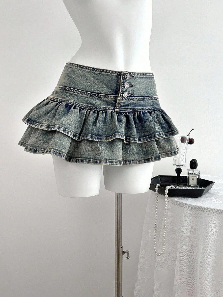 SHEIN ICON Plus Size Women Y2K Fashion Casual Ruffle Denim Mini Skirt - Dusty Blue - View 1