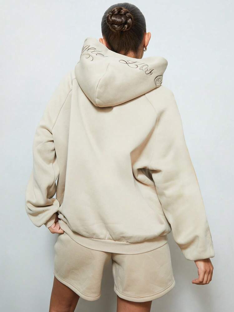 Oversized Hoodie With Embroidered Script Design And Centre Pocket