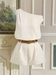SHEIN MOD Bộ đồ liền thân vai bất đối xứng màu mơ cỡ lớn cho nữ, bộ đồ liền thân ống rộng buộc eo màu kaki có thắt lưng, trang phục đi nghỉ cho nữ, trang phục công sở thường ngày cho nữ, trang phục cho nữ, bộ đồ liền thân, thập niên 70, cổ điển, để đi chơi - Màu be - Xem 1