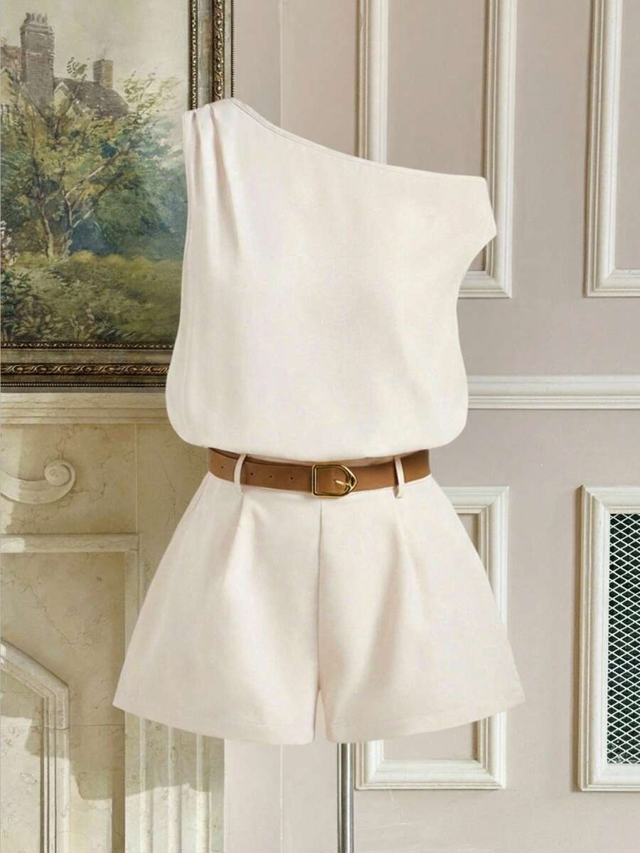 SHEIN MOD Bộ đồ liền thân vai bất đối xứng màu mơ cỡ lớn cho nữ, bộ đồ liền thân ống rộng buộc eo màu kaki có thắt lưng, trang phục đi nghỉ cho nữ, trang phục công sở thường ngày cho nữ, trang phục cho nữ, bộ đồ liền thân, thập niên 70, cổ điển, để đi chơi - Màu be - Xem 1