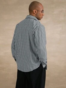 STYNVO Camisa casual de manga larga con bolsillo de carga de solapa única a cuadros para hombres, camisa holgada a cuadros de manga larga, camisas holgadas para hombres, ropa de calle, camisa de manga larga para hombres, otoño - Blanco y Negro - Ver 2