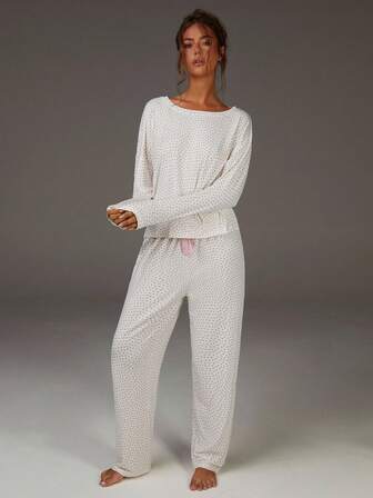 Athîral Polka Dot Drop Shoulder Bow Front PJ Set / Pyjamas Set White Set