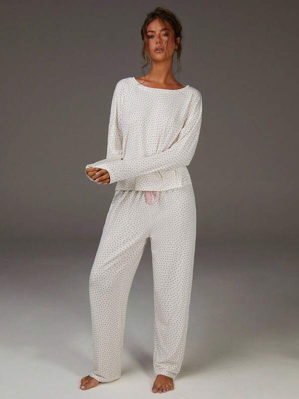 Athîral Conjunto de pijama con hombros descubiertos y lazo delantero a lunares, juego de pijama en color blanco